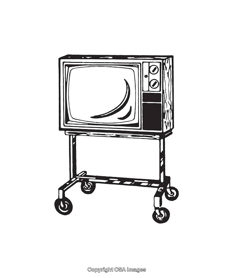Vintage Television on a Rolling Stand in Black and White Line Art