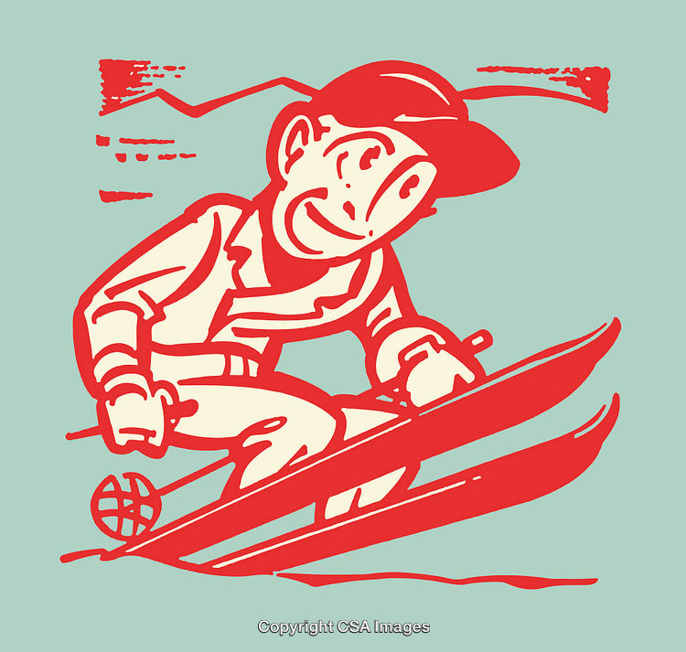 Vintage Skiing Illustration of a Cartoon Character in Retro Style