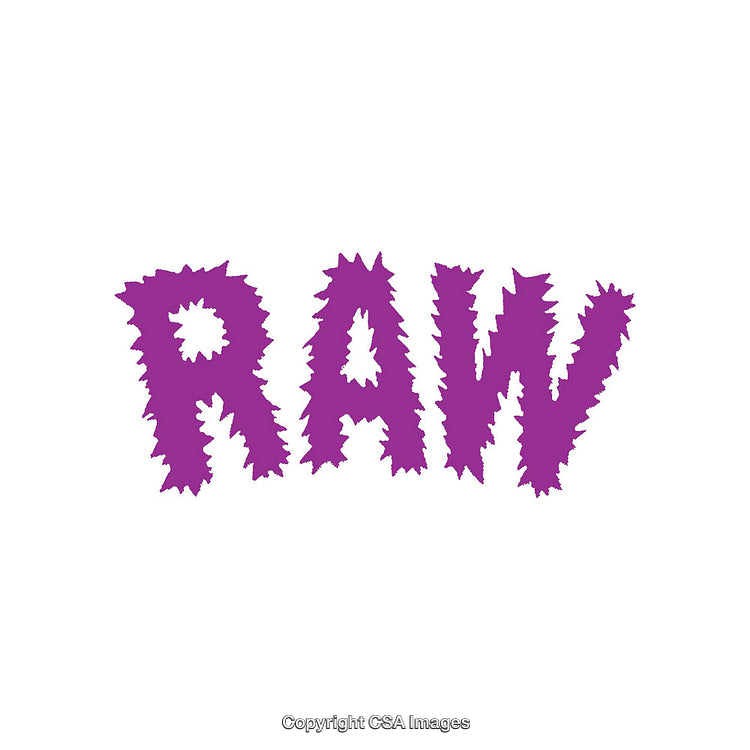 Purple RAW Text in Unique Spikey Font Design on White Background