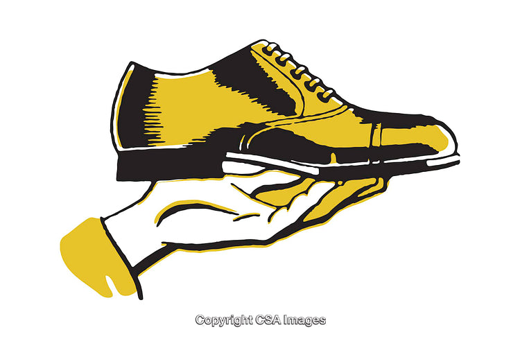Illustration of a Shoe Held in a Hand with Vibrant Yellow Accents