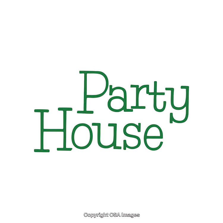 Green Text Design Reading Party House on a White Background