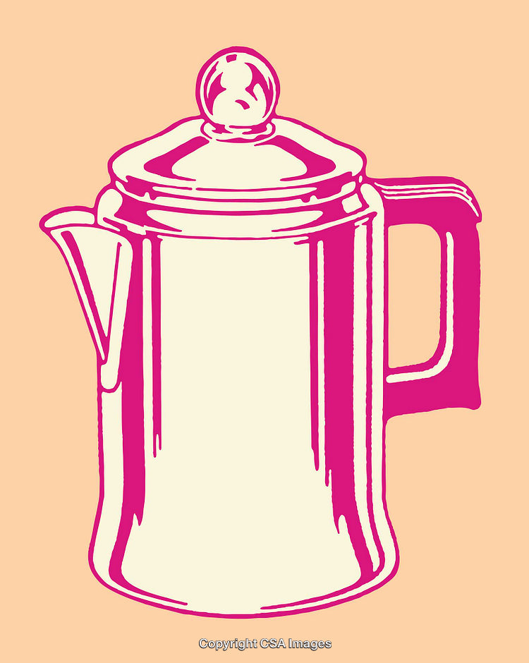 Vintage Style Pink Coffee Pot Line Art Illustration on Peach Background