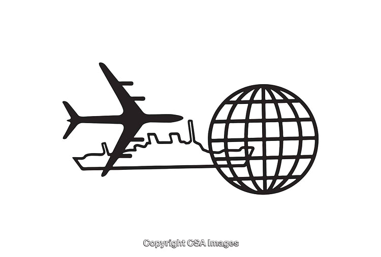 Black and White Icon Depicting Airplane Ship and Globe Travel