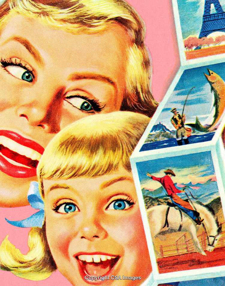 Retro Illustration of Smiling Mother and Daughter With Colorful Background Scenes