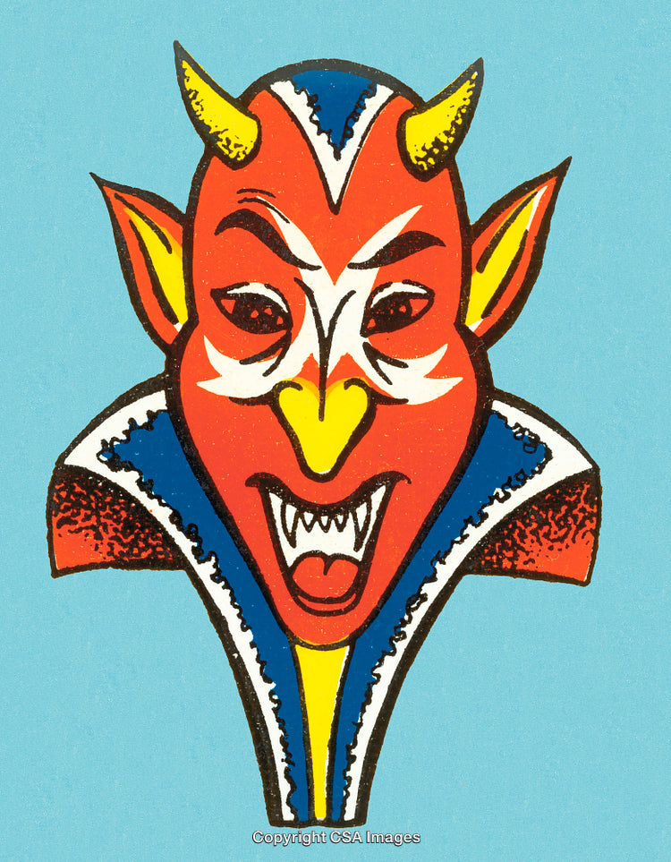 Vintage Devil Illustration on a Blue Background with Horns and Sharp Features