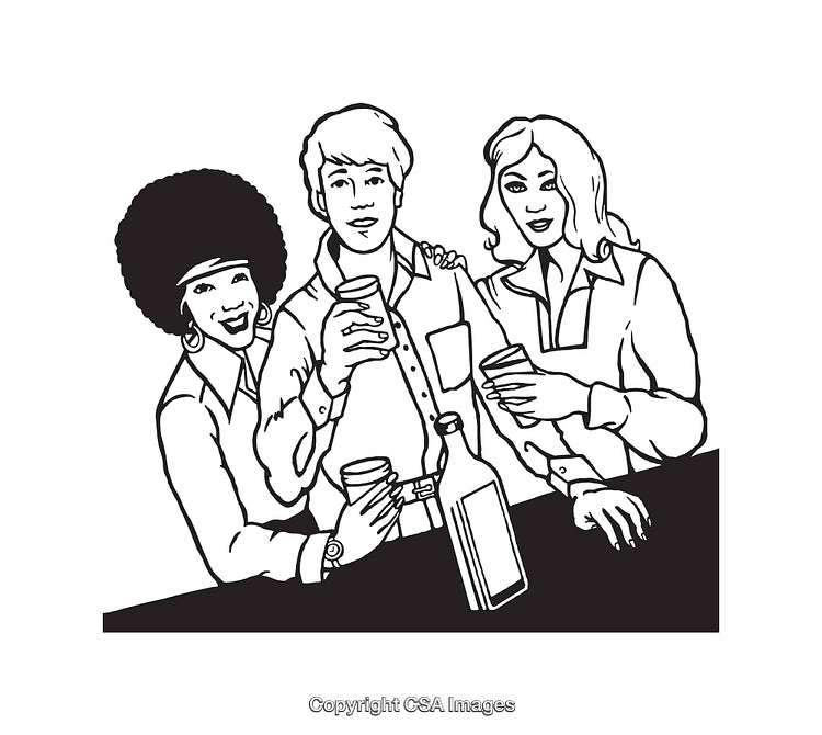 Black and White Illustration of Friends Socializing at a Bar