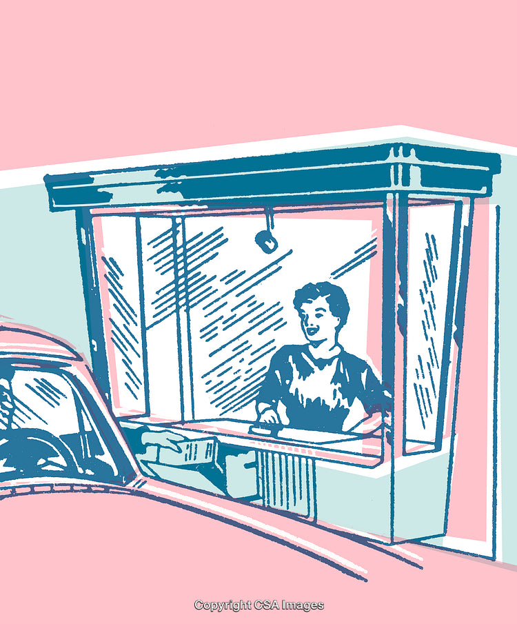 Stylized Drive-Thru Scene with Service Window and Retro Car Illustration