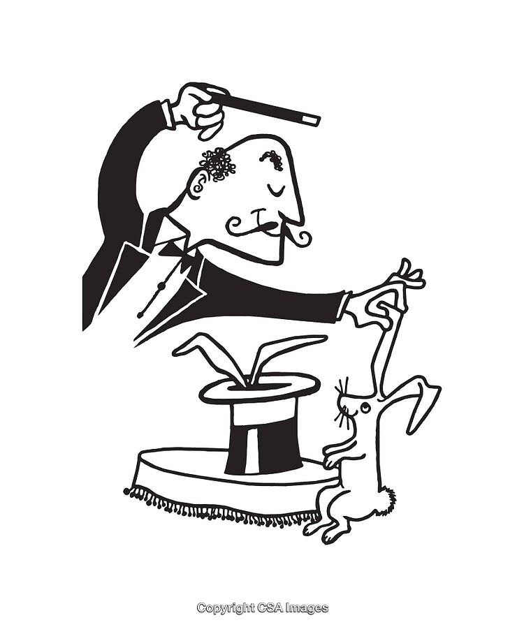 Magician Performing Classic Hat Trick with Rabbit in Black and White Drawing