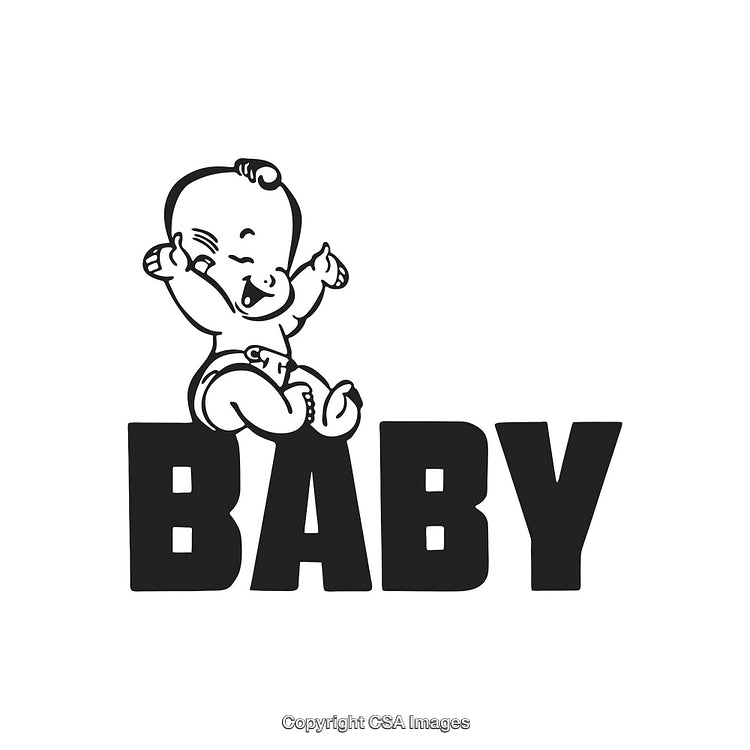 Cute Cartoon Baby Sitting on Bold Text With Happy Expression
