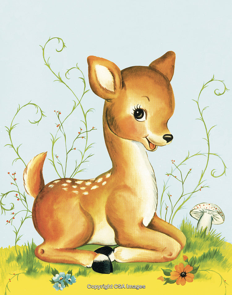 Illustrated Young Deer Sitting in Meadow With Flowers and Grass