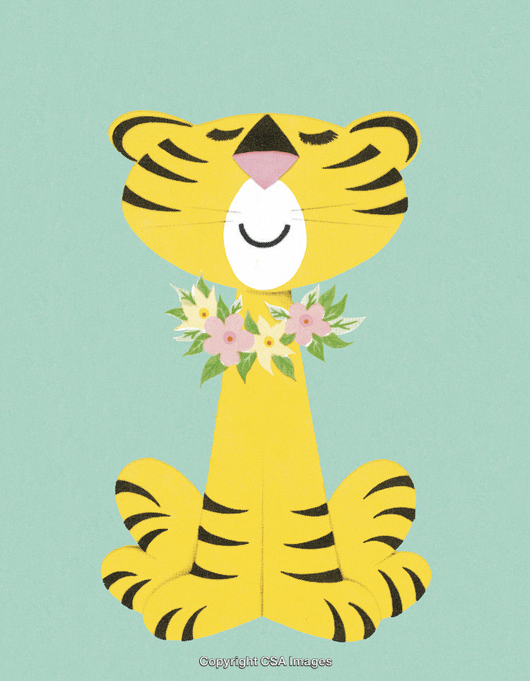 Cute Cartoon Tiger with Floral Garland Sitting Against a Light Blue Background