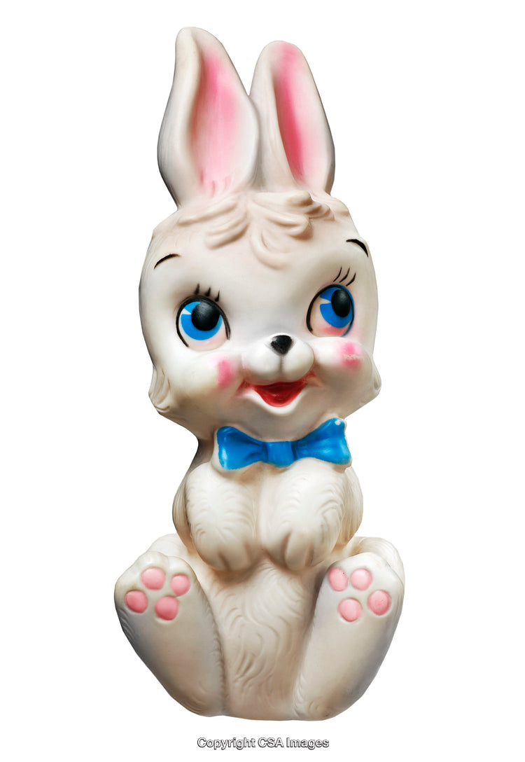 Adorable Plastic Bunny Figurine with Pink Ears and Blue Bow Tie