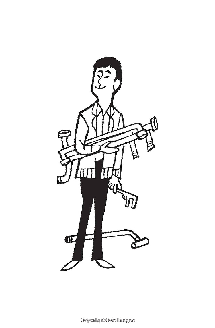Black and White Illustration of a Worker Carrying Pipes and Tools