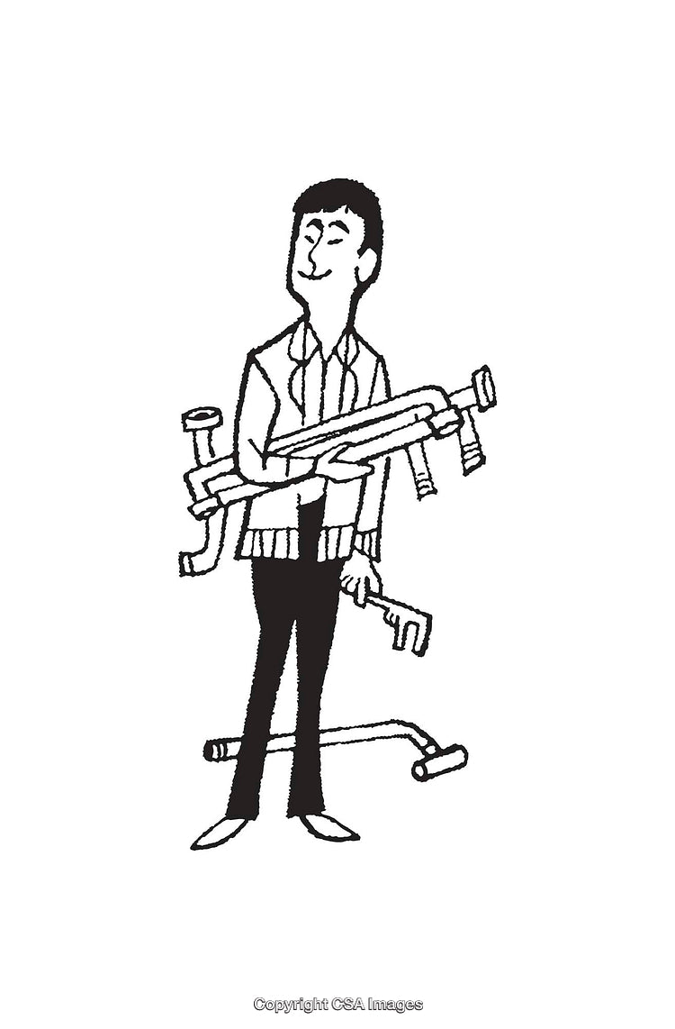 Black and White Illustration of a Worker Carrying Pipes and Tools
