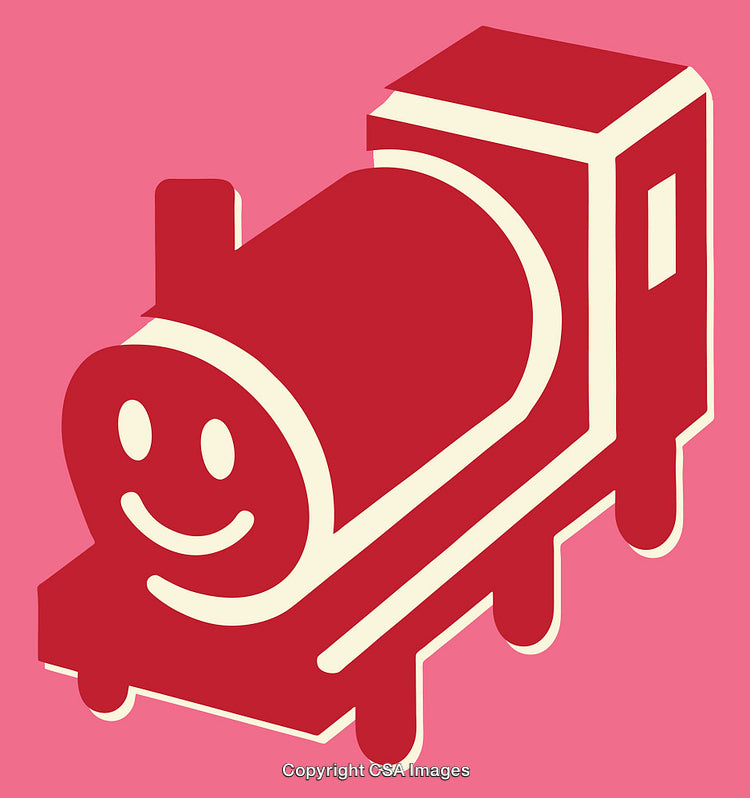 Smiling Cartoon-Style Red Locomotive Illustration on a Vibrant Pink Background
