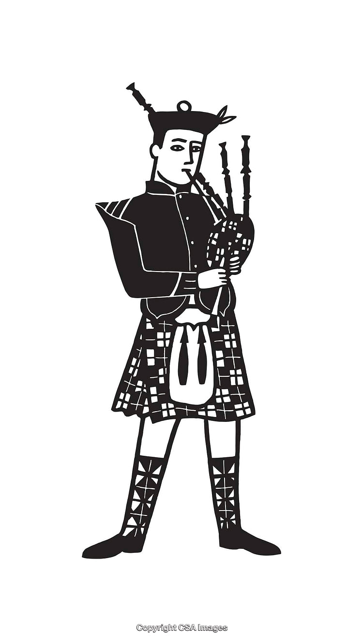 Black and White Illustration of Bagpipe Player in Traditional Scottish Kilt