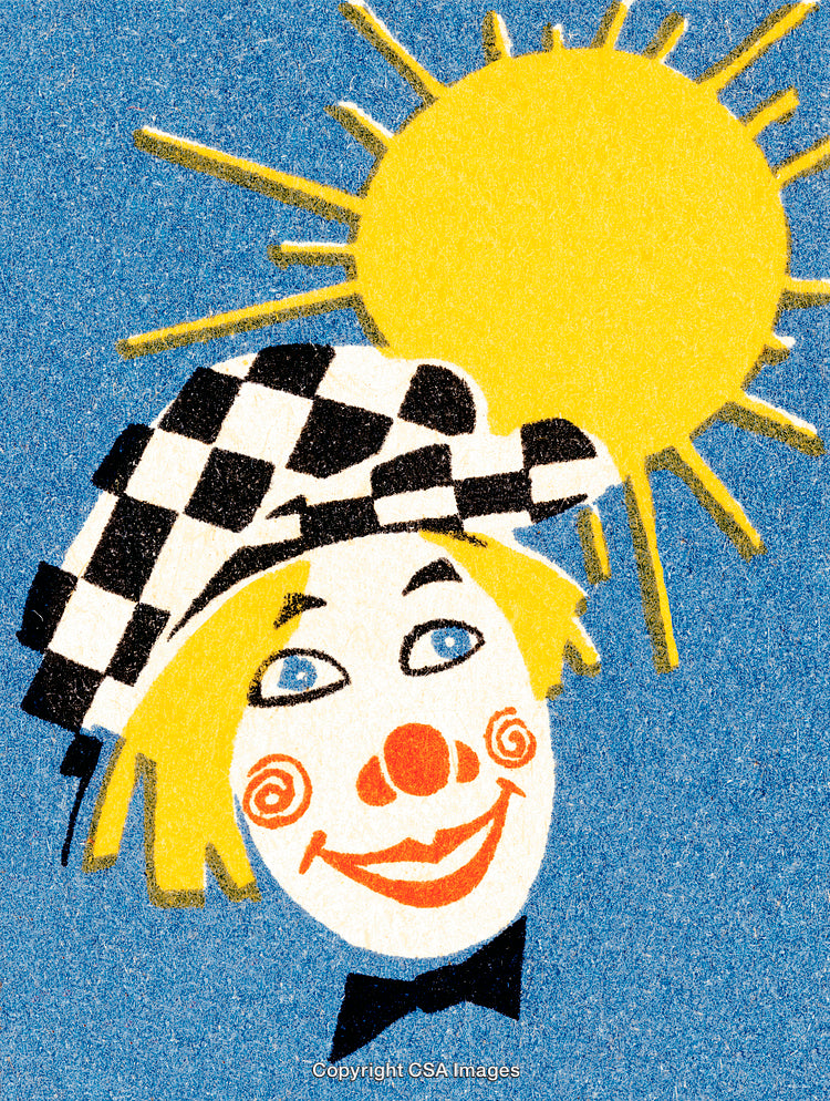 Colorful Clown Illustration Under Bright Yellow Sun on Blue Background