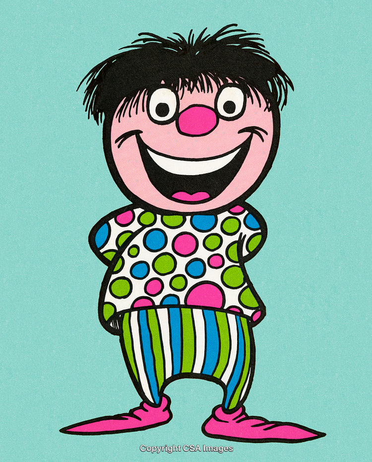 Colorful Cartoon Character with Polka Dot Top and Striped Pants Illustration