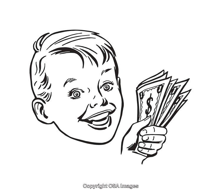 Retro Style Boy Holding Cash with Cheerful Expression Black and White Art