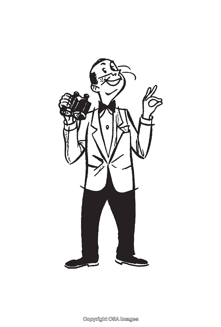 Elegant Gentleman Holding Binoculars in Black and White Line Art
