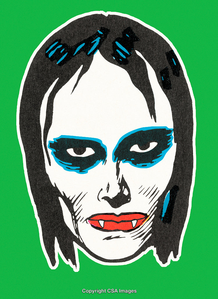 Illustrated Vampire Face With Green Background and Blue Eyeshadow Details