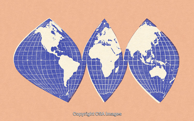 Stylized World Map Shapes Displaying Continents and a Grid Pattern Against Peach Background