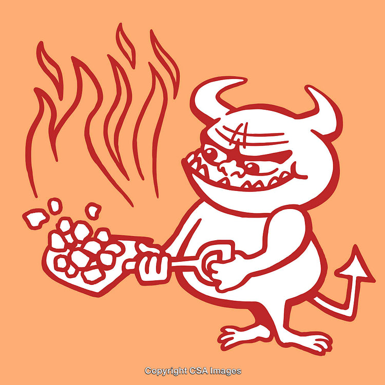 Red Cartoon Devil Illustration with Infernal Elements on Orange Background