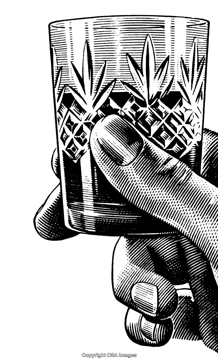 Detailed Black and White Engraving of Hand Holding a Decorated Glass