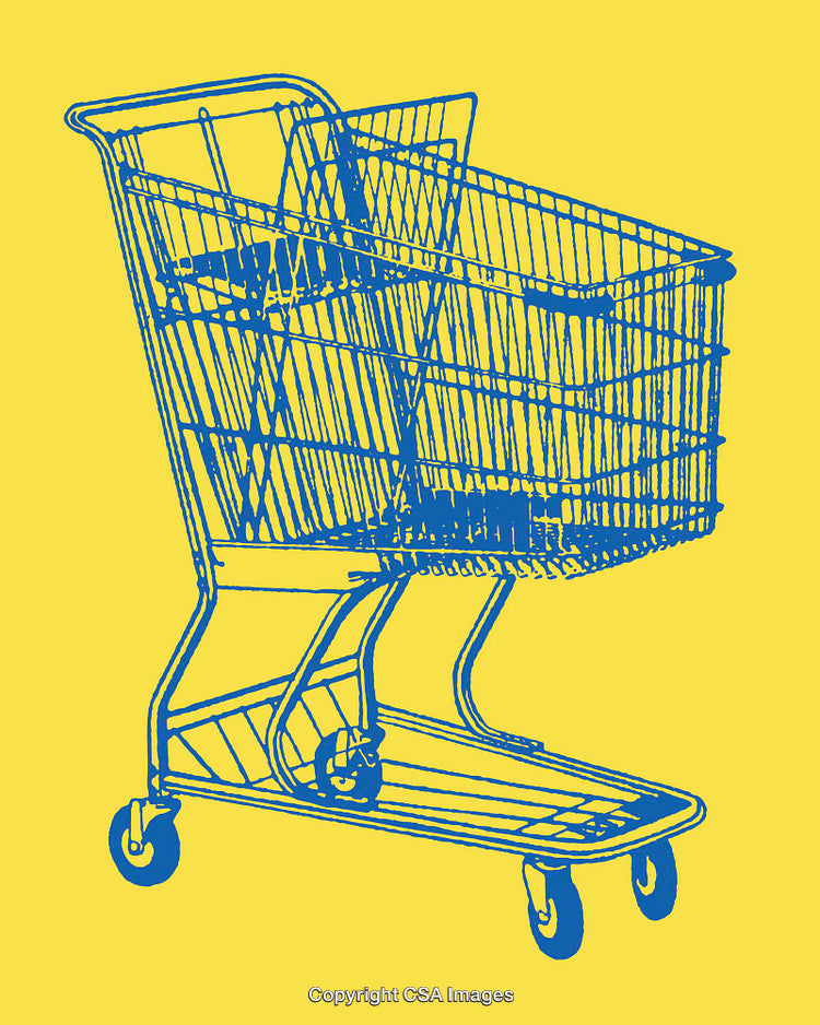 Blue Shopping Cart Illustration on a Bright Yellow Background