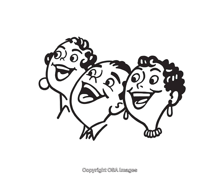Retro Vintage Line Art Illustration of Three Smiling Cartoon Characters