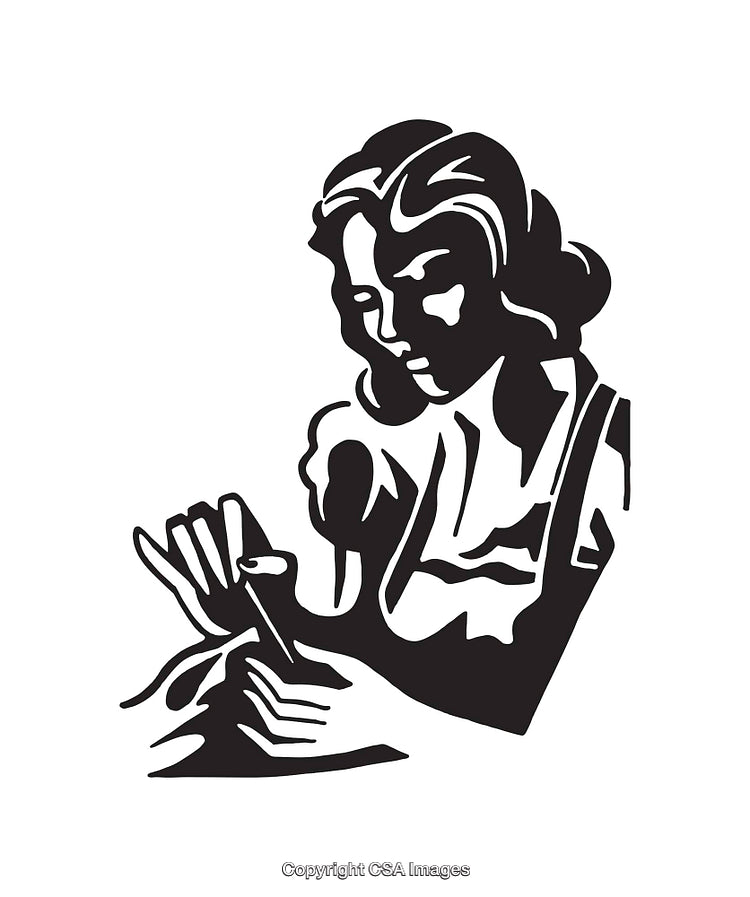 Black and White Line Art of a Woman Sewing
