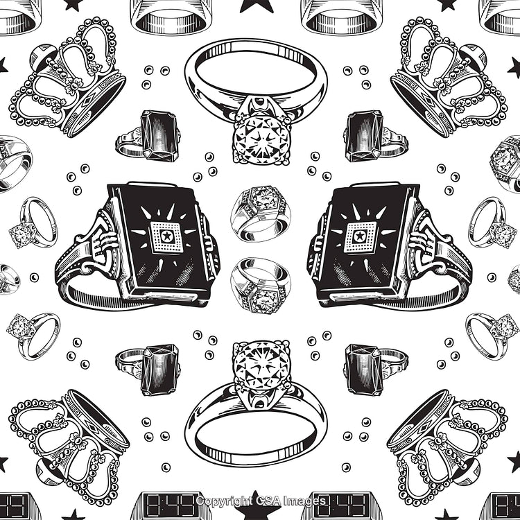 Seamless Black and White Pattern Featuring Rings and Crowns