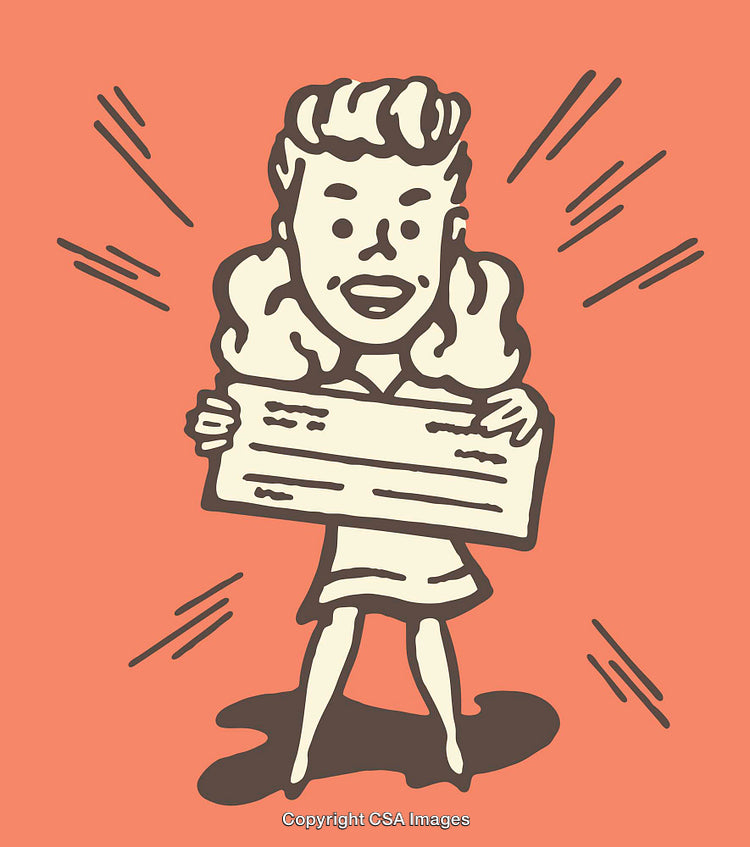 Retro-Style Illustration of a Woman Holding a Large Check