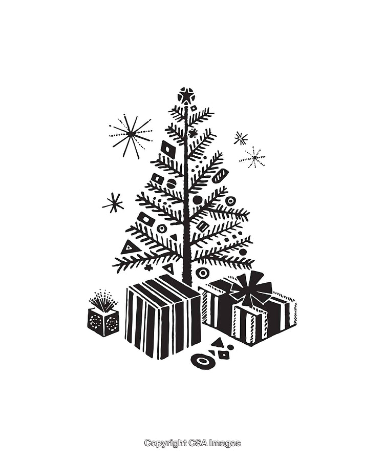 Black And White Illustration of a Decorated Christmas Tree With Presents