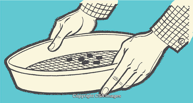 Vintage Styled Illustration of Hands Holding a Sieve with Small Objects