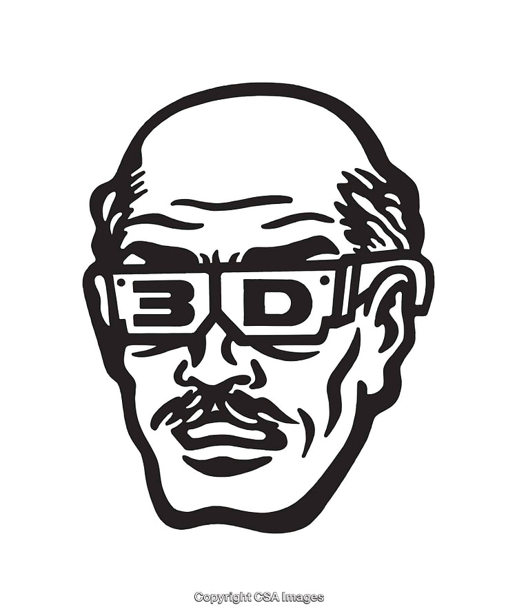 Retro Black and White Line Art of a Man Wearing 3D Glasses