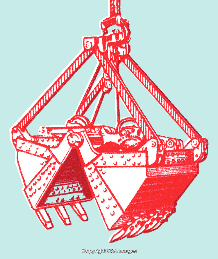 Industrial Mechanical Grab Illustration in Vibrant Red on Light Blue Background