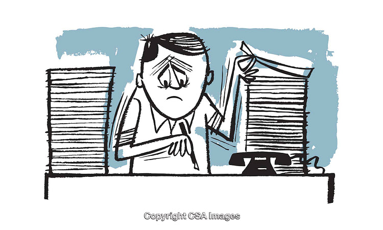 Illustration of a Stressed Office Worker With a Pile of Paperwork