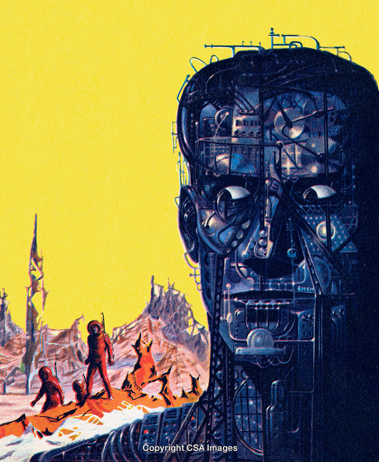 Futuristic Landscape with Giant Robot Head and Explorers