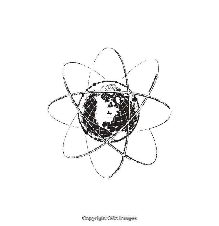 Black and White Line Art of a Globe with Atomic Orbits
