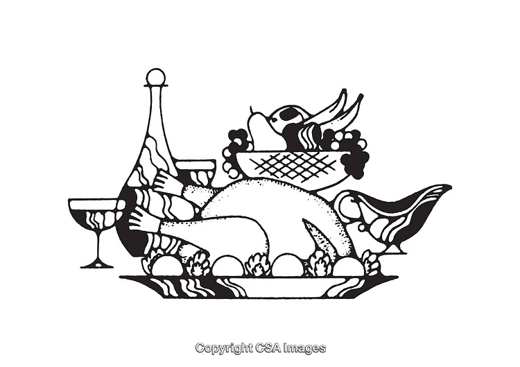 Black and White Line Art of Festive Feast Scene with Food and Drinks