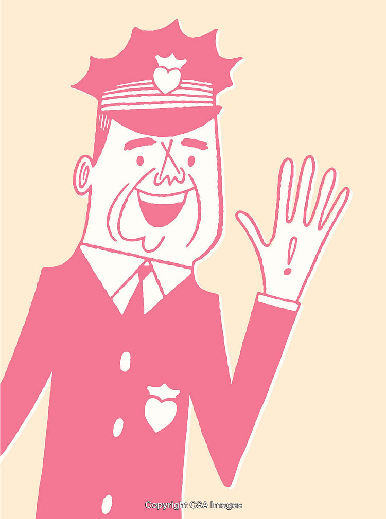 Smiling Cartoon Police Officer Illustration in Pink Tones Waving Friendly