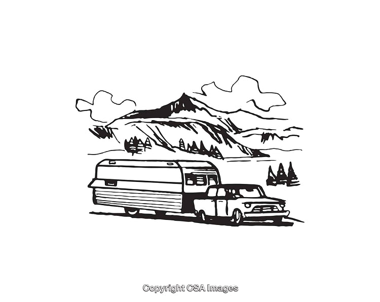 Black and White Line Art Illustration of a Caravan in Nature
