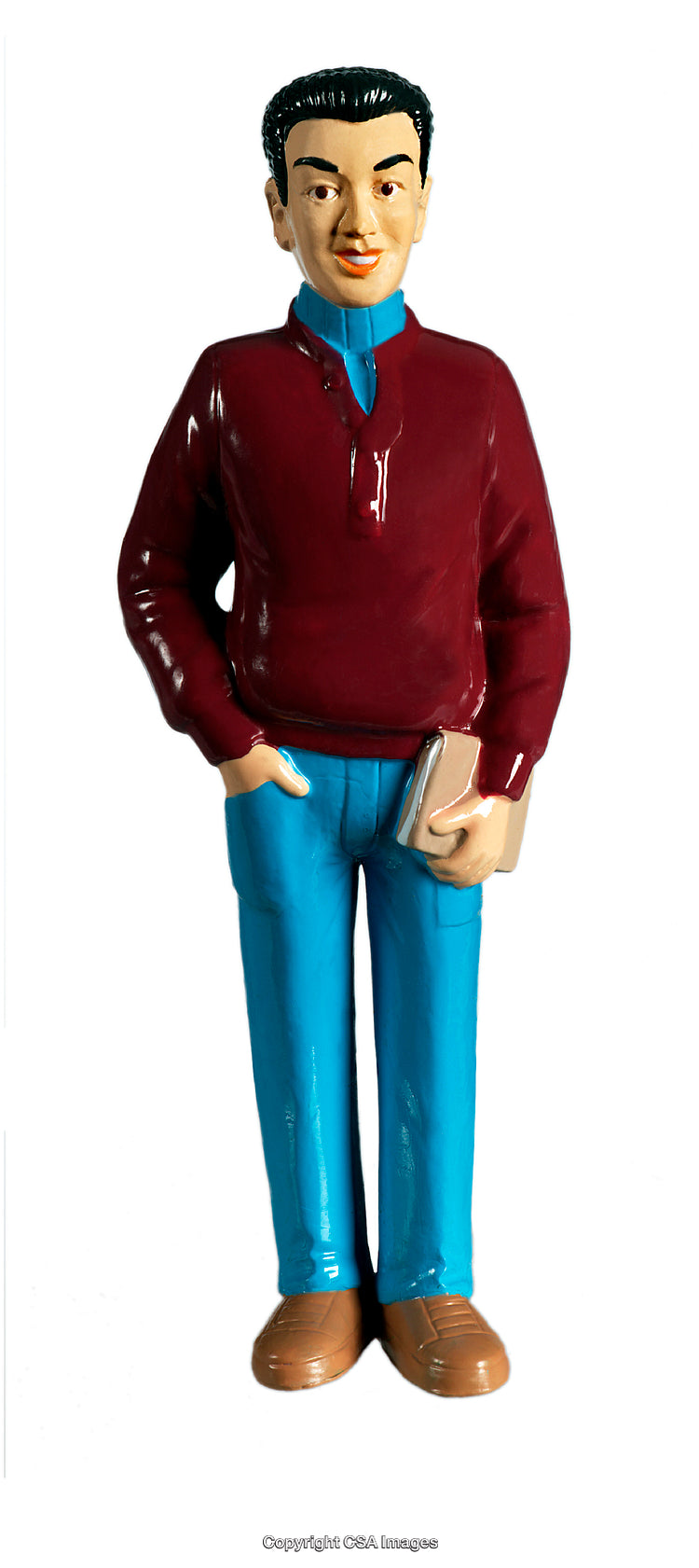 Male Figurine Holding a Book Wearing a Red Sweater and Blue Pants