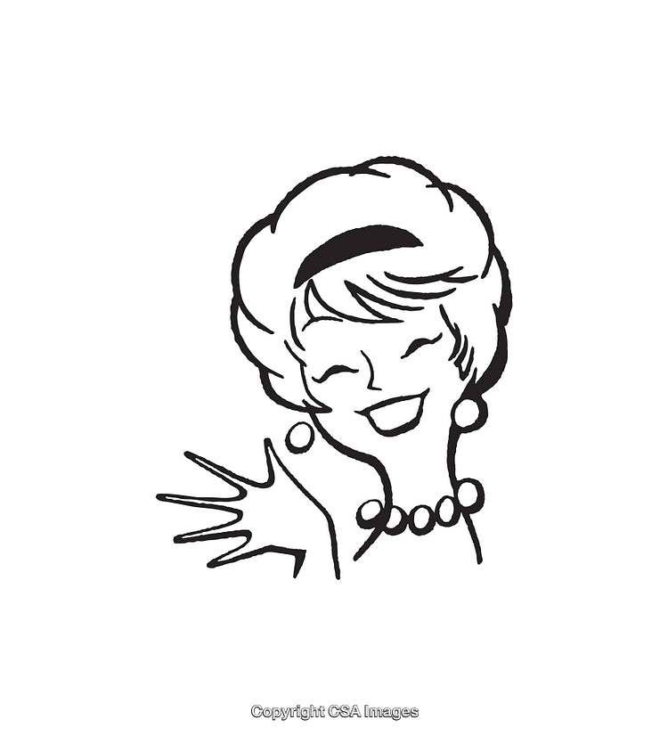 Cheerful Retro Lady Illustration Waving With a Smile in Black and White