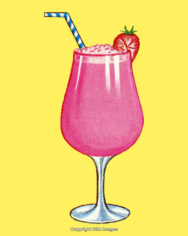 Vibrant Pink Cocktail With Strawberry Garnish and Striped Straw on Yellow Background