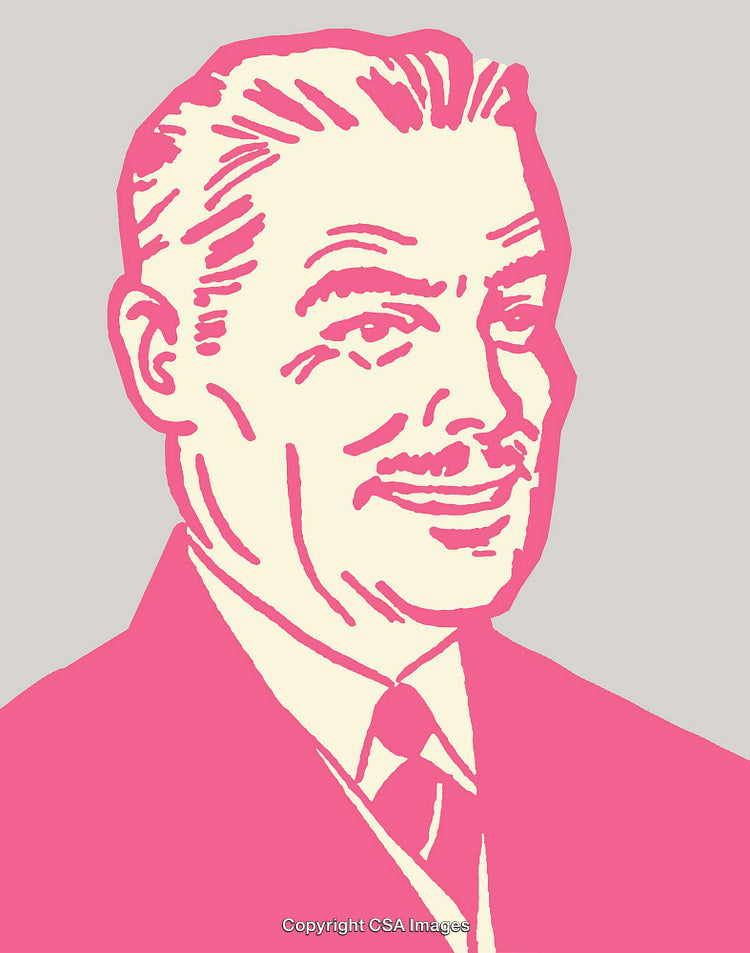 Vibrant Retro Line Art Illustration of a Smiling Gentleman in Bold Colors
