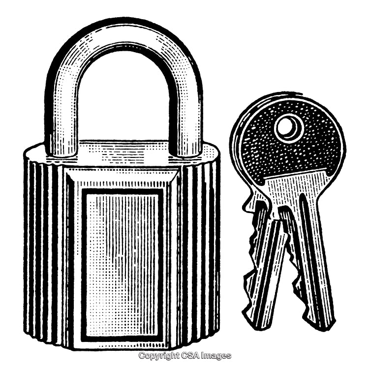Detailed Black and White Illustration of Padlock and Keys
