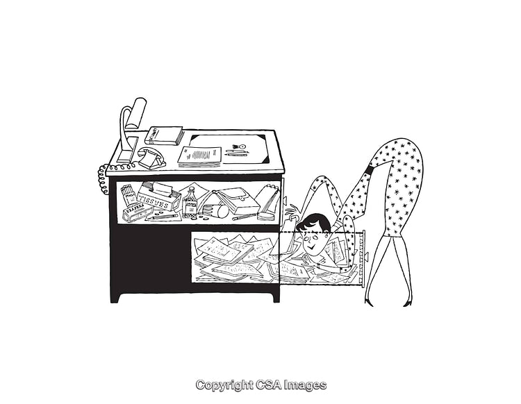 Black and White Illustration of Office Worker Searching in Desk Drawer