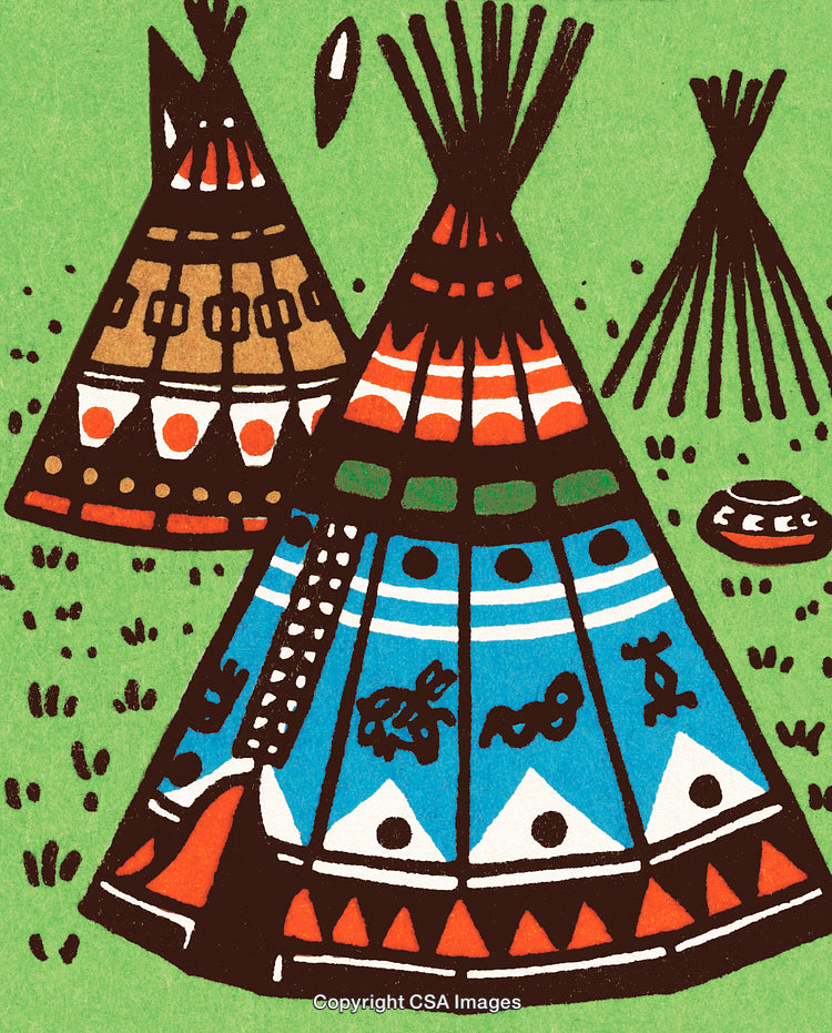 Colorful Teepees with Intricate Patterns on a Green Grass Field